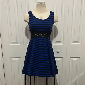 Striped Blue and Black Dress with Lace Accent